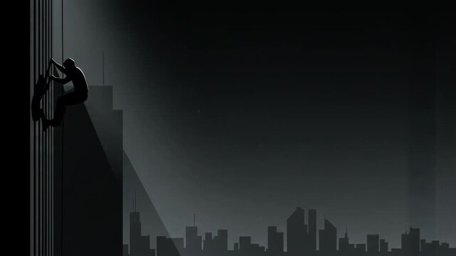 Silhouette of a man climbing a skyscraper wall at night. Secret agent infiltrating city building. Urban mystery and stealth operation for graphic resource project.