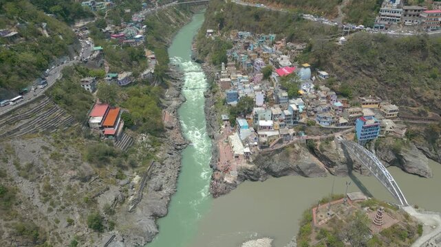 Aerial view of Devprayag Sangam, Devprayag is a town and a nagar panchayat, near New Tehri city in Tehri Garhwal District in the state of Uttarakhand, India,