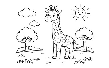 Fototapeta premium Cute cartoon giraffe standing in a field with trees and sun, ready for coloring