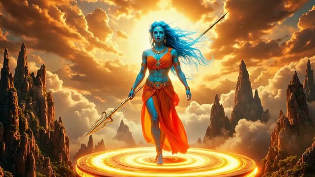 Mythical figure with spear on glowing platform