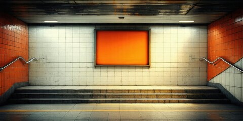 Fototapeta premium Subway interior shows steps, tiled walls, orange accents. Blank billboard dominates central space, dim lighting creates dramatic effect.