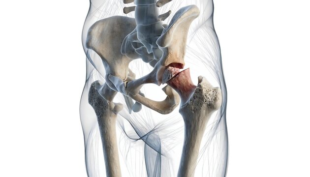 Detailed 3D medical illustration of a human hip featuring a femoral neck and pelvic bone fracture. Translucent gluteal muscles and a red highlighted break on a white background for clinical use.