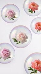 Fototapeta premium Pink and peach peonies encased within floating iridescent bubbles against a white background. This surreal composition evokes wonder and soft dopamine joy. Ideal for lifestyle and social media.