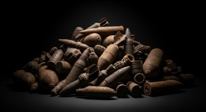 Heap of Rusted Unexploded Ordnance and Ammunition