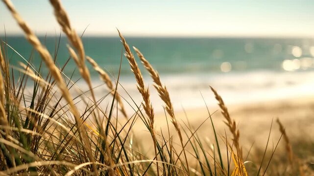 Golden coastal grass swaying in breeze with blurred ocean waves on sunny beach