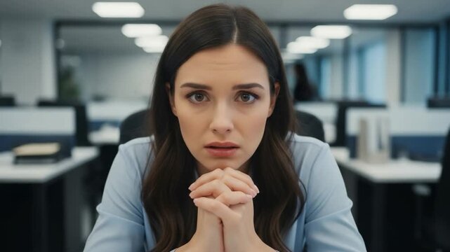Stressed Young Caucasian Woman Facing Imposter Syndrome in Modern Office Setting