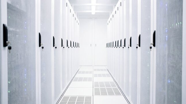 Modern server room with rows of white server racks in a data center