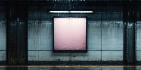 Fototapeta premium Dark subway tunnel features blank billboard. Wet surfaces reflect light, creating moody atmosphere. Minimalist composition emphasizes emptiness.