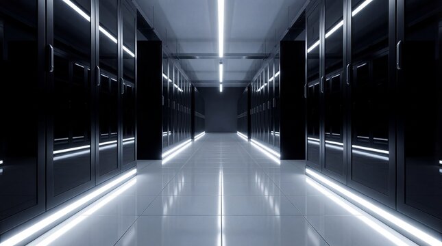 Long dark server room corridor with rows of computer racks data center