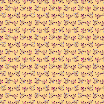 Romantic, small floral pattern in a rustic style Simple, understated decorative leaves and berries on a yellow and cream background Fabric printing Wrapping paper Greeting card design