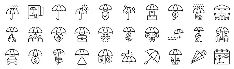 Set of 30 outline icons related to umbrella. Linear icon collection. Editable stroke. Vector illustration © SkyLine
