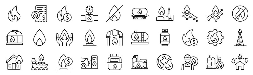 Set of 30 outline icons related to natural gas. Linear icon collection. Editable stroke. Vector illustration