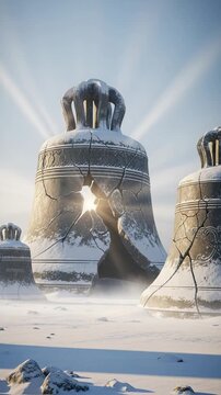 Ancient broken bells in a frozen winter wasteland, apocalyptic fantasy landscape concept art