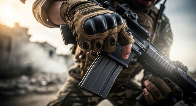 Soldier loading tactical rifle with gloved hand