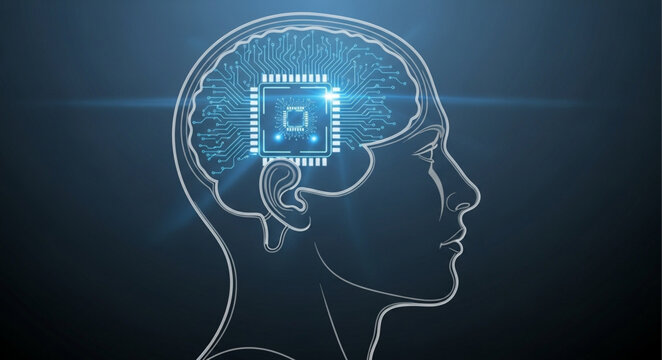 Digital Illustration of Human Brain with Technology Elements.