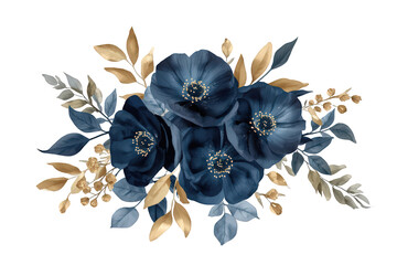 Naklejka premium Elegant navy blue watercolor floral bouquet with golden leaves, botanical wedding decoration, vintage garden illustration, transparent background