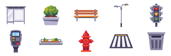 Set of urban street infrastructure with shelter, bench, hydrant, signal and bin, colorful collection with vector flat illustrations © point of BORT
