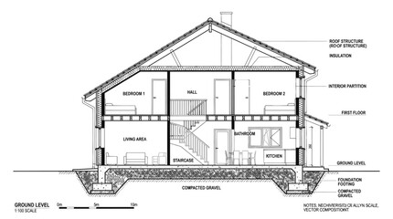 Architectural cross-section of a two-story residential house showing internal layout, structural elements, and foundation details. © ZAENAL