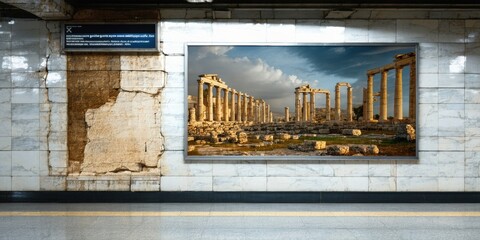Naklejka premium Subway station wall displays ancient ruins image. Marble tiles surround damaged plaster section. Bright poster contrasts dark tunnel setting.