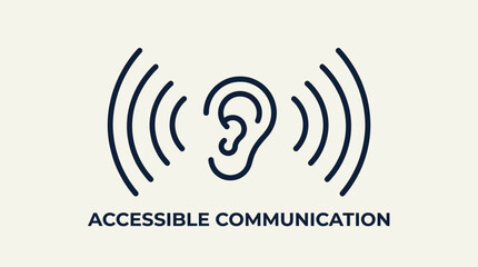 Line art icon representing accessible communication with an ear and sound waves, symbolizing hearing and inclusivity for all.
