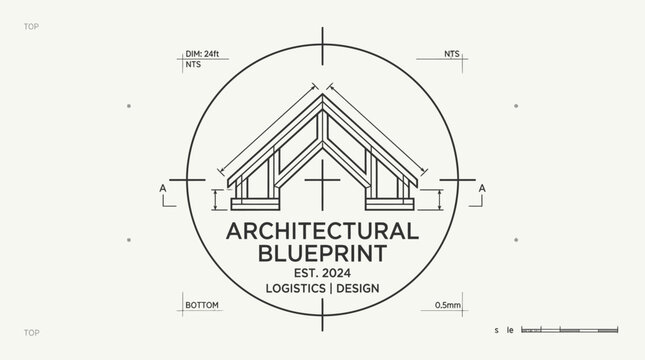 Architectural blueprint logo featuring a detailed roof structure within a circular design, with text 'Architectural Blueprint Est. 2024 Logistics | Design' on a light background.