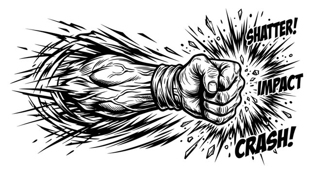 Dynamic black and white illustration of a powerful muscular fist punching with explosive force, creating a shattering impact effect with speed lines and comic book sound effects.