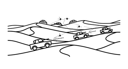 Naklejka premium Desert convoy: Military trucks and tanks advance across sand dunes under a starry sky.