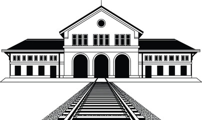 Historic railway station building with train tracks perspective, classic transport architecture vector illustration for travel, railway infrastructure and transit © Polash