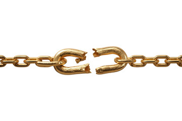 Obraz premium Gold chain link breaking, representing freedom, liberation, release, weakness, and the end of connection on a transparent background