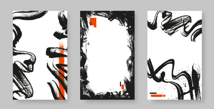 Abstract Asian style background set with black ink brush strokes, vertical banners. Calligraphy stamp elements and typographic poster templates. Vector illustration.