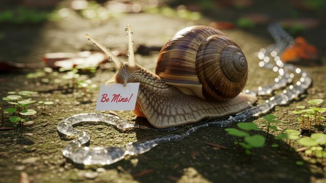 Snail with be mine sign and heart shaped trail on natural ground