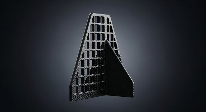  Precision engineered rocket grid fin for atmosphere reentry. Aerodynamic control surface with black lattice design. Advanced aerospace stabilizer for supersonic vehicle guidance.
