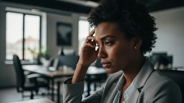Stressed Black Businesswoman Experiencing Imposter Syndrome in Modern Office Setting