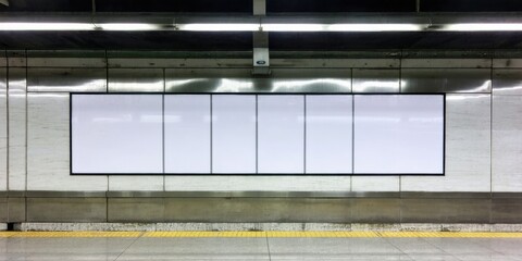 Fototapeta premium Subway station wall features blank billboard. Gray tiles, bright lights illuminate platform. Dark background creates contrast. Simple, modern design.