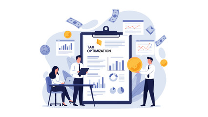 Naklejka premium Business professionals working on tax optimization, with a large document, charts, and money symbols, representing financial planning and accounting services.