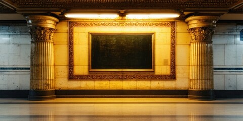 Naklejka premium Subway station interior. Ornate columns frame blank screen. Warm lighting highlights textured walls, dark floor. Symmetry dominates composition.