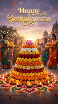 Vibrant bathukamma flower arrangement with women in traditional dress celebrating a festive occasion with decorative rangoli and lights
