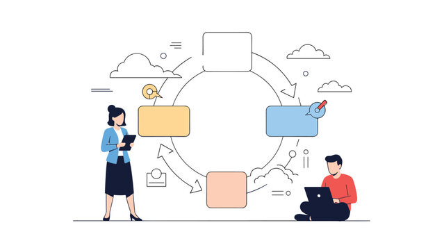 Two business professionals interacting around a cyclical process diagram with empty boxes, symbolizing workflow, project management, and iterative development.