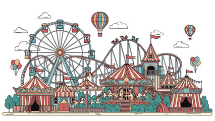 Fototapeta premium Lively amusement park scene with a Ferris wheel, roller coaster, carousels, and tents, depicting fun, entertainment, and a festive atmosphere.