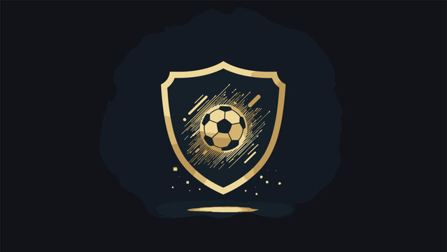 Golden shield icon with a soccer ball, abstract lines, and glitter effects, representing football, sports protection, achievement, and championship.