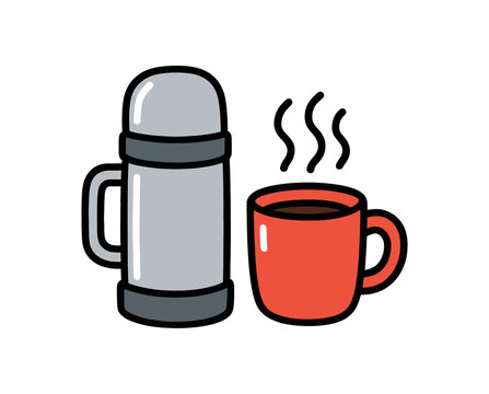 Simple colorful icon of a travel thermos beside a steaming red mug, good for coffee, tea, travel drink, or break-time illustrations.