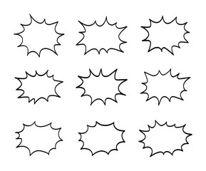 Set of hand-drawn black speech bubbles and comic explosion frames. Vector illustration of sketchy starburst and shout out balloons for manga, cartoons, and creative advertising designs.