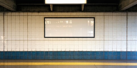 Fototapeta premium Subway station wall features tiled surfaces, light fixture above, yellow platform edge below. Dark surroundings create contrast.