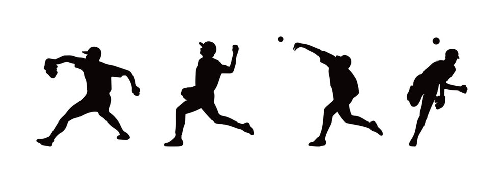 Set of black silhouettes of baseball pitchers in various throwing motions. Flat vector illustration of athlete poses for sports promotion, coaching materials, and competition posters.