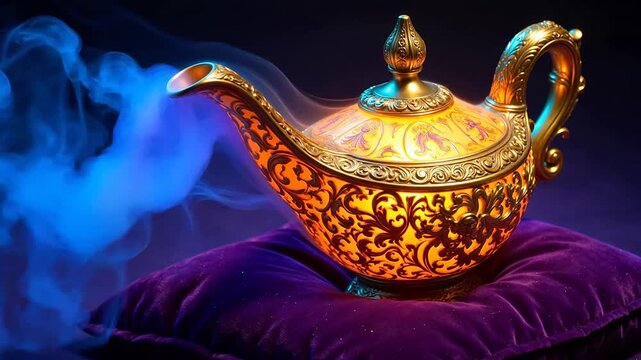 Ornate glowing teapot with smoke