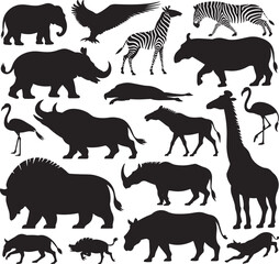 African wildlife animal silhouettes collection vector set including elephant zebra giraffe rhino flamingo buffalo safari animals isolated on white background © MdTajemul