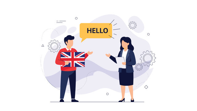 Man holding a Union Jack flag greets a woman with "Hello," symbolizing language learning, cultural exchange, and the beauty of British communication.