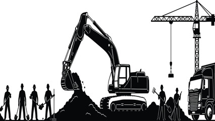 Construction site silhouettes with excavator crane truck and workers building infrastructure industrial machinery teamwork engineering development concept illustration vector landscape © Mokarrom