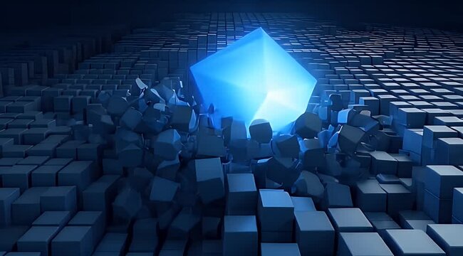 Futuristic blue cubic tunnel with glowing light