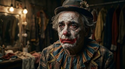 Fototapeta premium Sad elderly clown sitting in a dimly lit backstage dressing room after the performance.